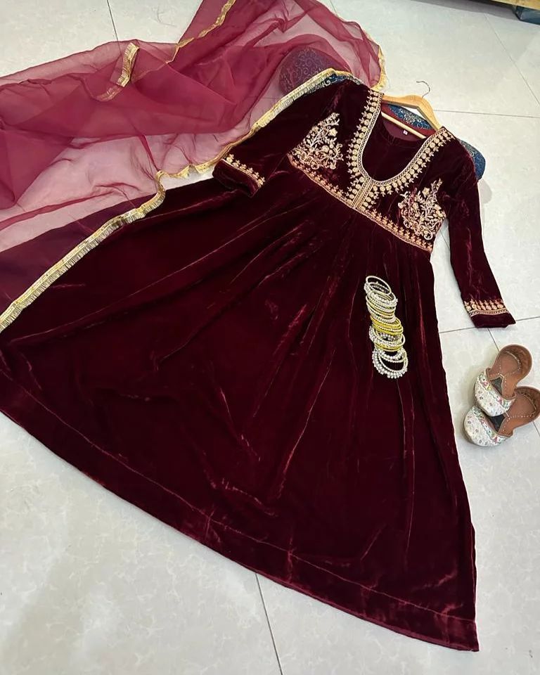 Neck Embroidered Velvet Frock 3-Piece