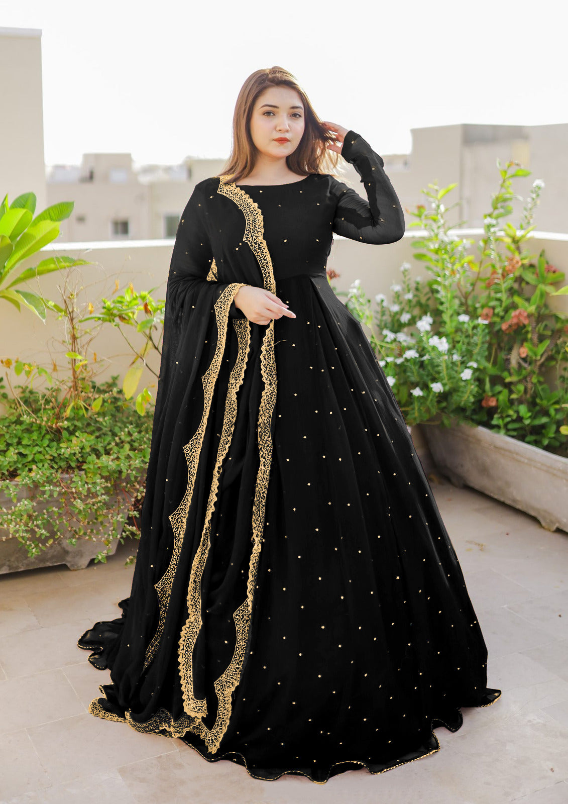 Long Flair Maxi With Pearls Embroided Dupatta And Trouser