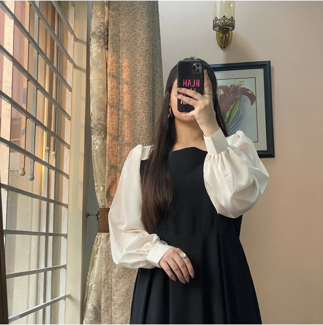 Platted Black Maxi with White Sleeves